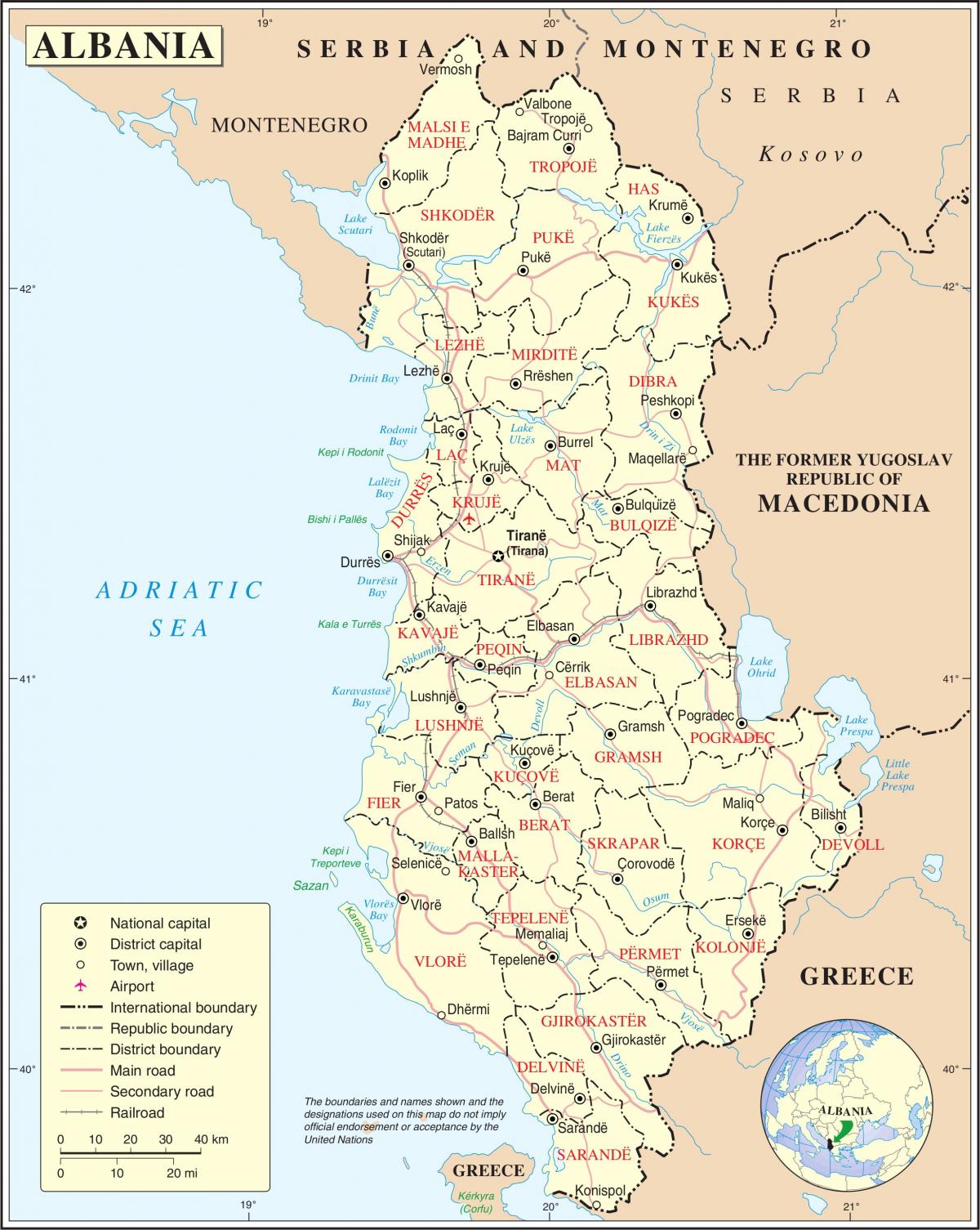 mapa de Albania, con ciudades