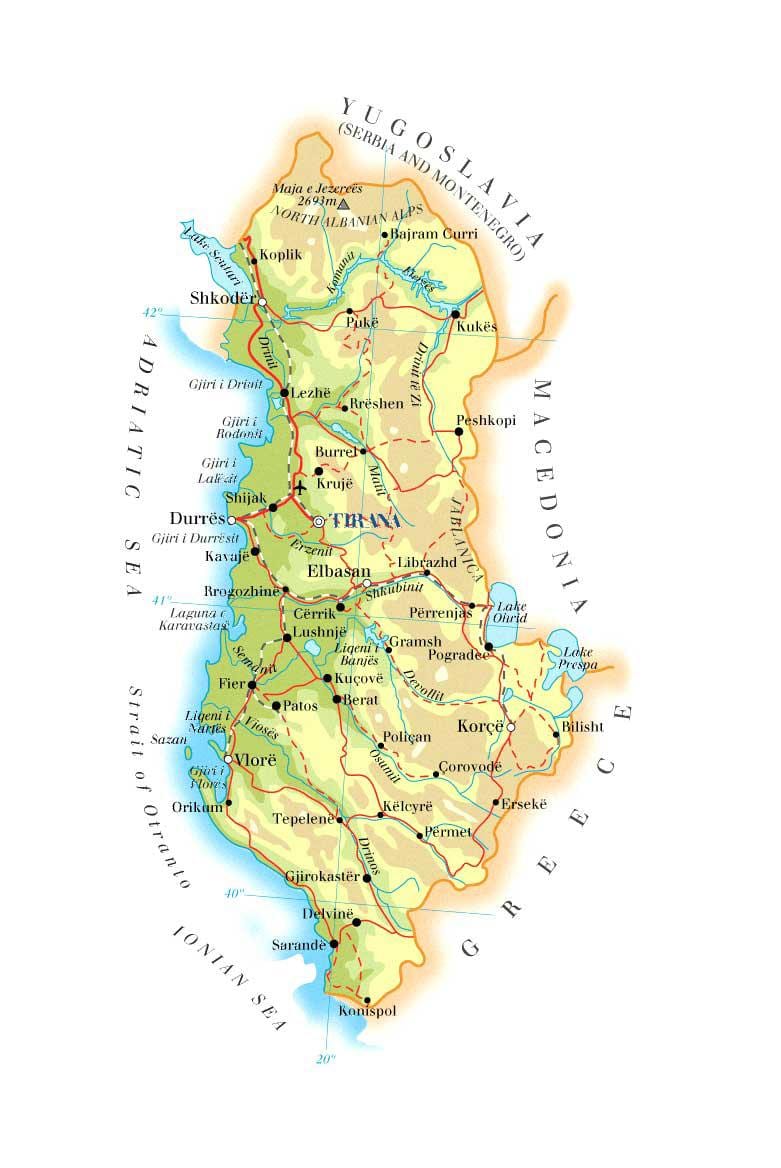mapa de mapa físico de Albania